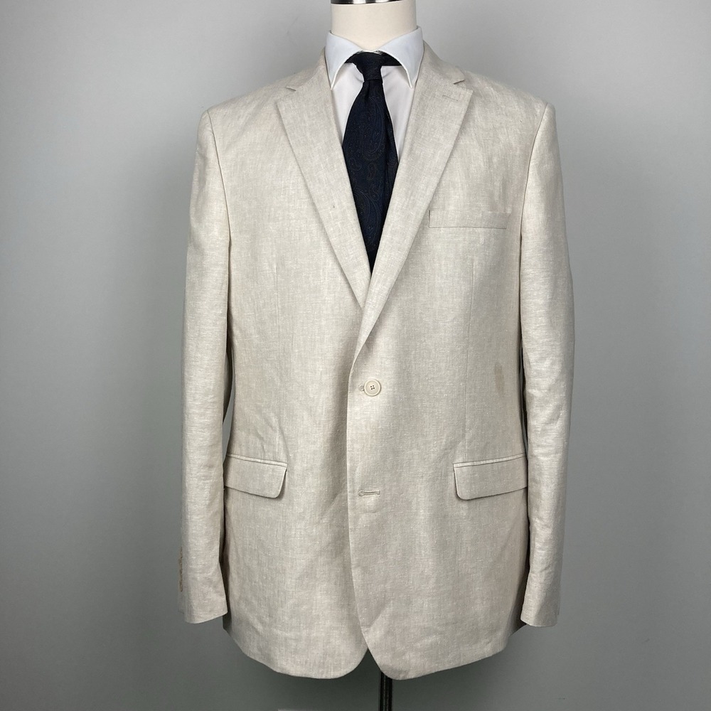 Bar III Mens Slim fit Suit Jacket Blazer 46L Beige‎ Solid Linen Blend